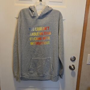 Gray Hooded Pullover Sweatshirt with Multicolor Text